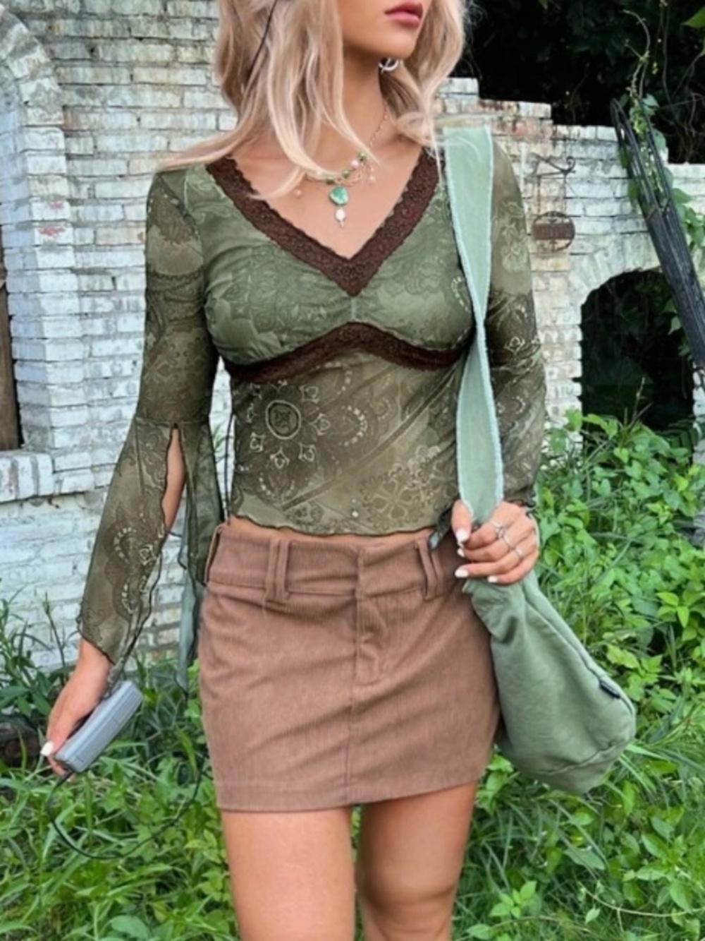 Sheer mesh fairy grunge top split sleeves lettuce trim floral goblincore Medium